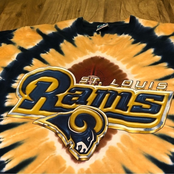 Vintage 90s Liquid Blue St Louis Rams Tie Dye Blue Gold Circles T-Shirt Large - Picture 2 of 10